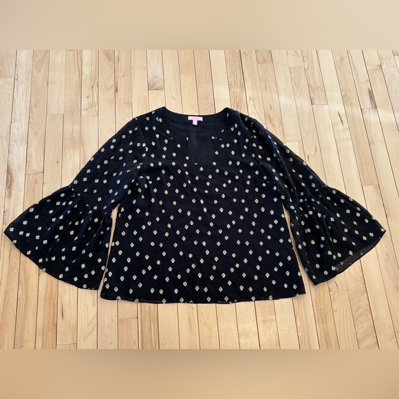 Lilly Pulitzer Amory Top Silk Onyx Black and Gold Bell Sleeves Large - Picture 4 of 8
